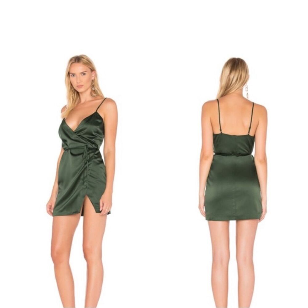 MAJORELLE Nina Emerald Satin Sweetheart Sexy Slit Mini Wrap Tie Dress REVOLVE S